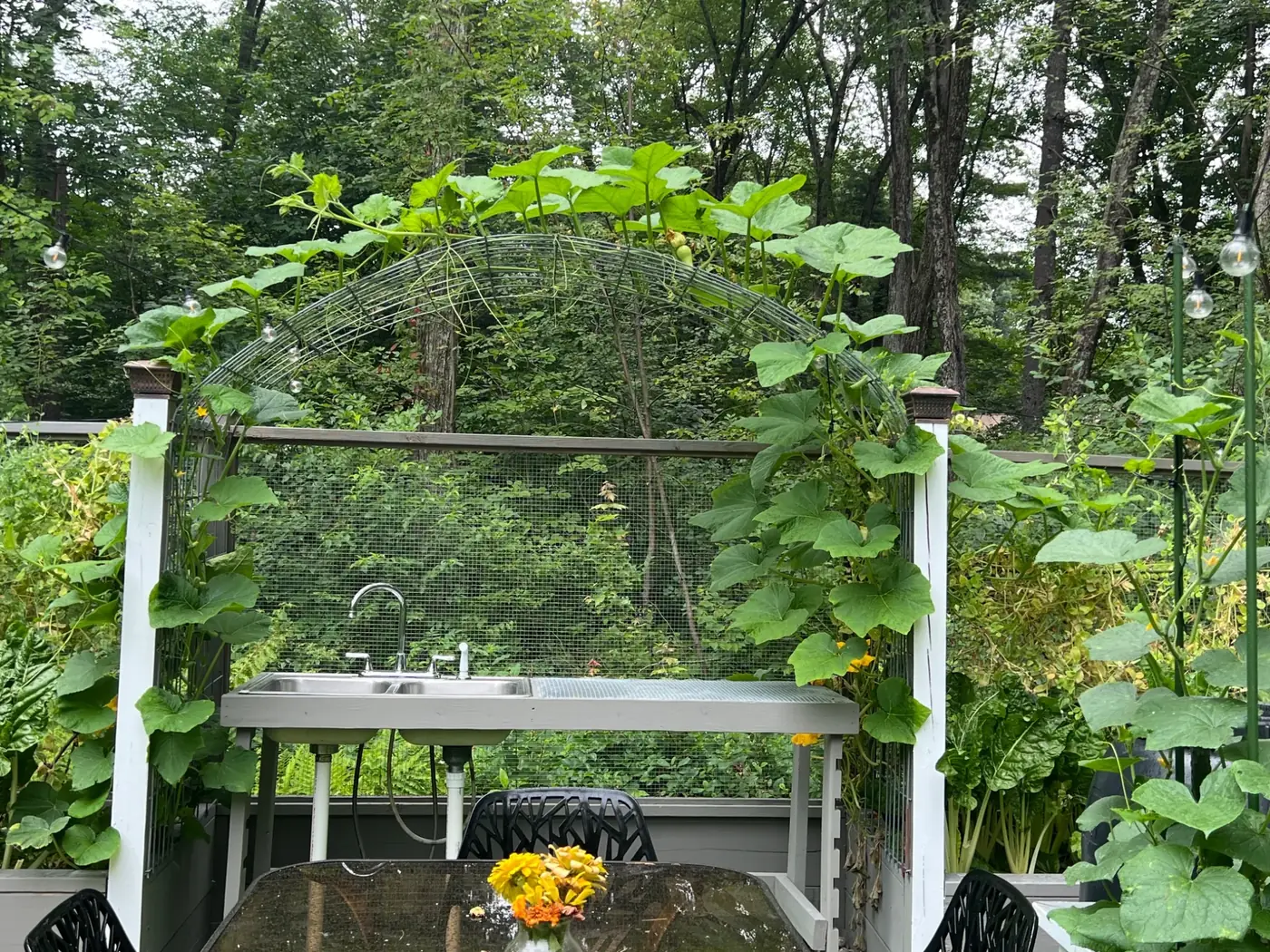 Outdoor garden sink beneath a vine-covered arch