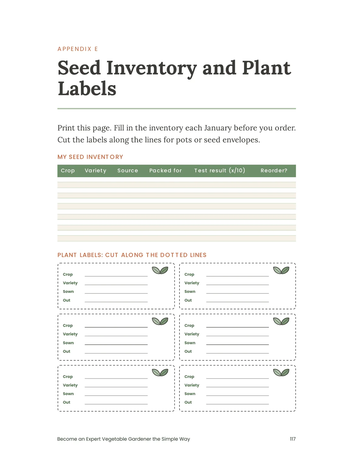 Sample page from the final gardening book showing seed inventory and printable plant labels